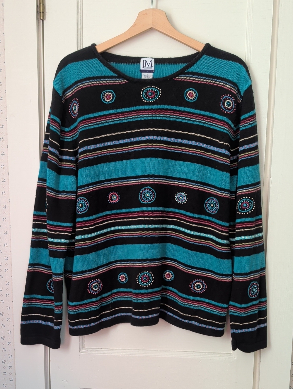 JM Collection Sweater Teal Black Striped Embroidered Pullover Ramie Cotton Large
